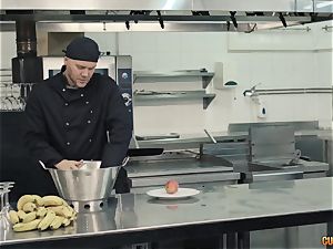 Chef Nacho Vidal fucks his fresh chief in the kitchen